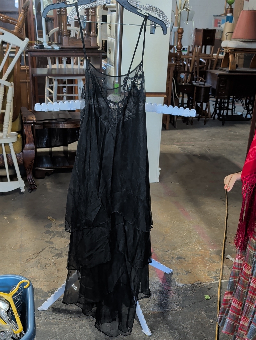 Rare 70s Henson Kickernick Black Lace Asymmetric Tiered Ruffle Slip Dress S